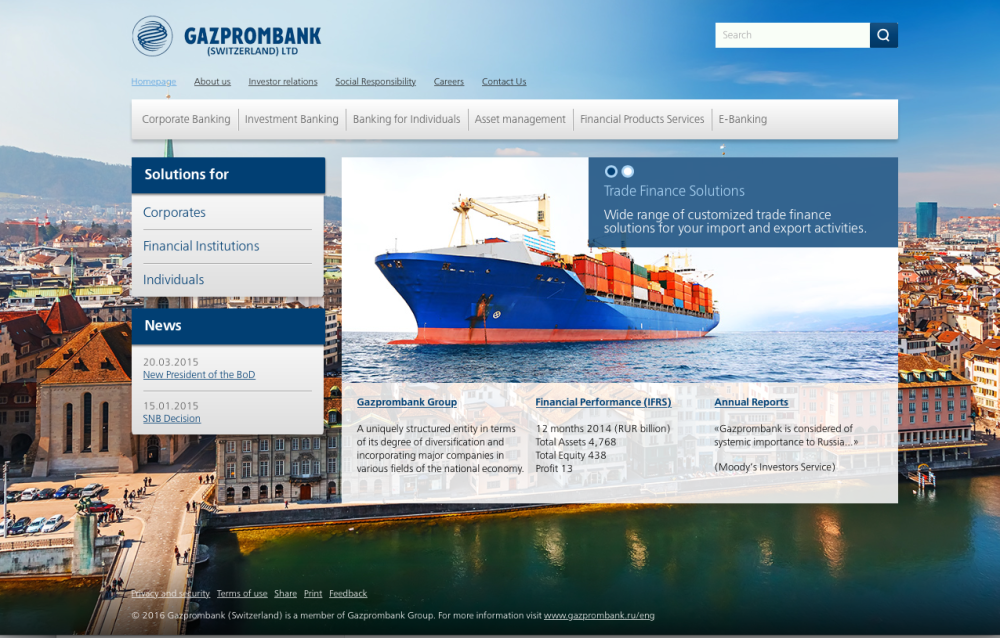 Gazprom Bank Zürich, Internetseite