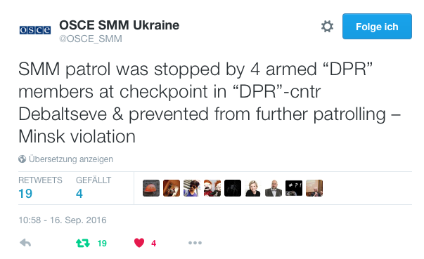 OSCE-SMM Ukraine-Meldung von 10:58 - 16. Sep. 2016
